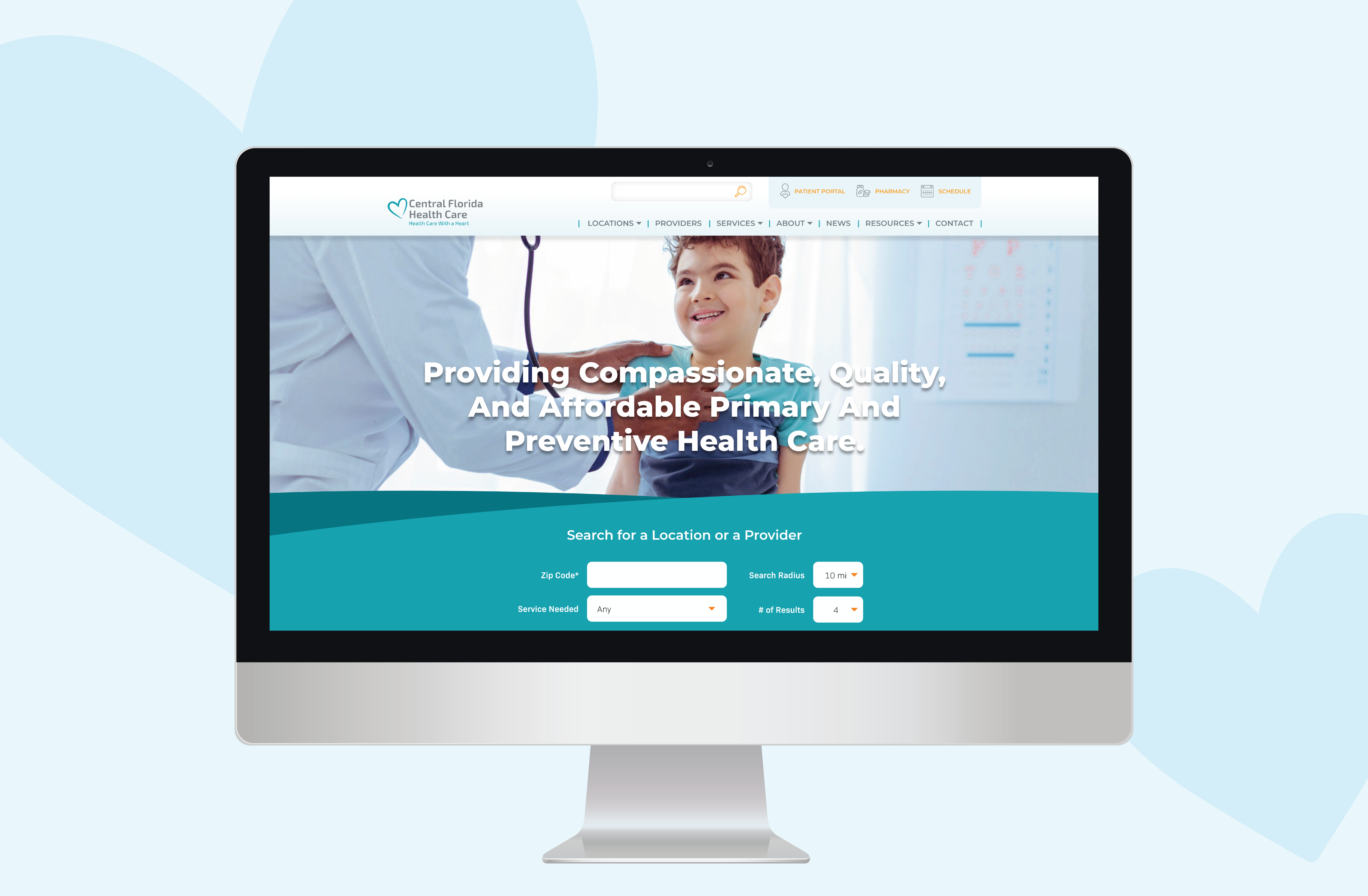 Central Florida Health Care Website Home Page with tagline and hispanic child with pediatician