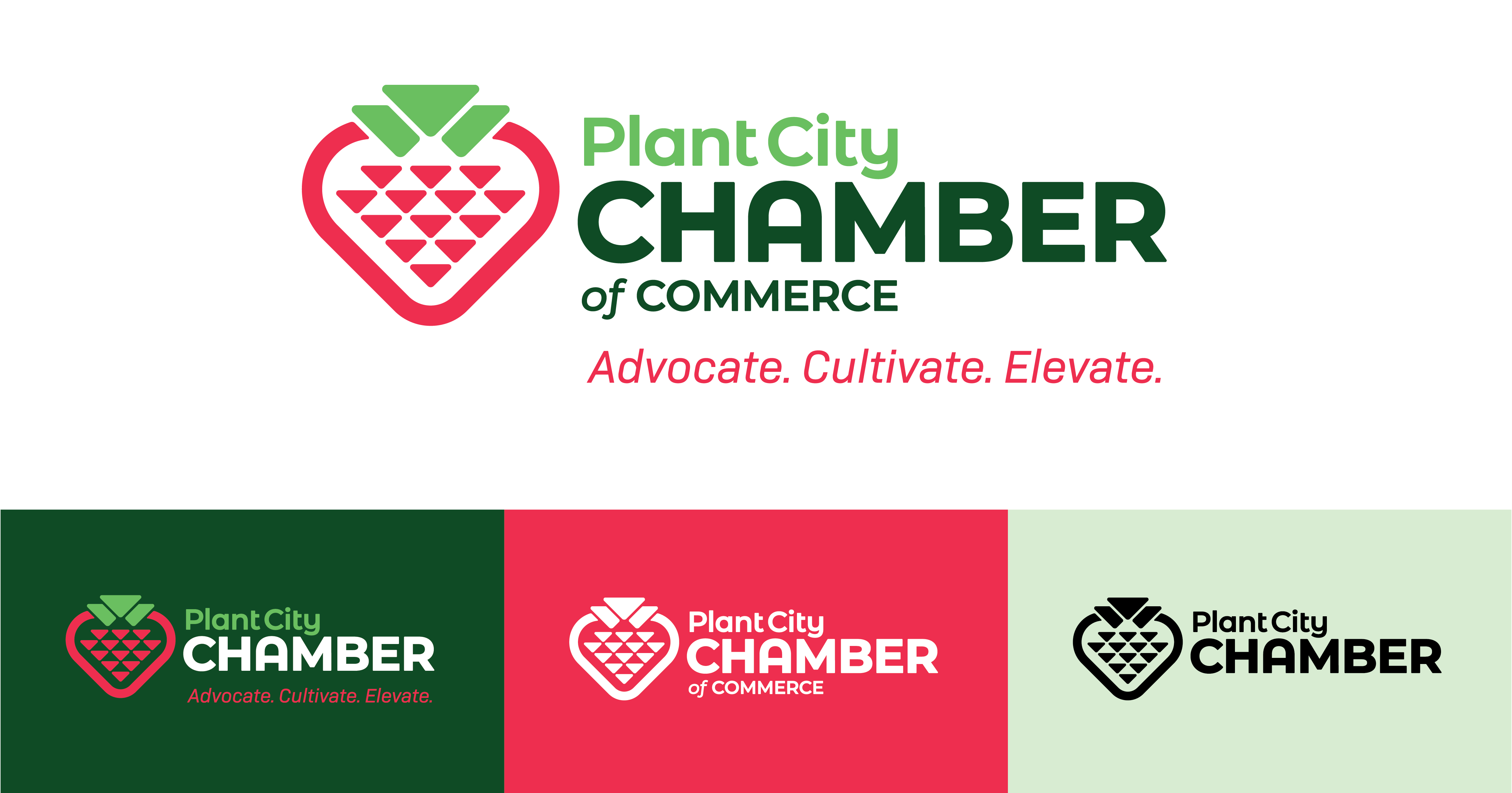 Plant City Chamber of Commerce logo with strawberry icon and other versions on different background colors