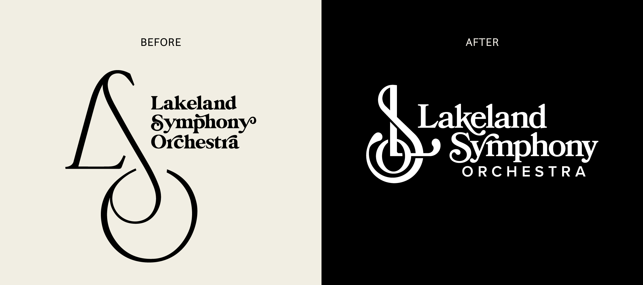 before and after of the the old and new Lakeland Symphony Orchestra logo
