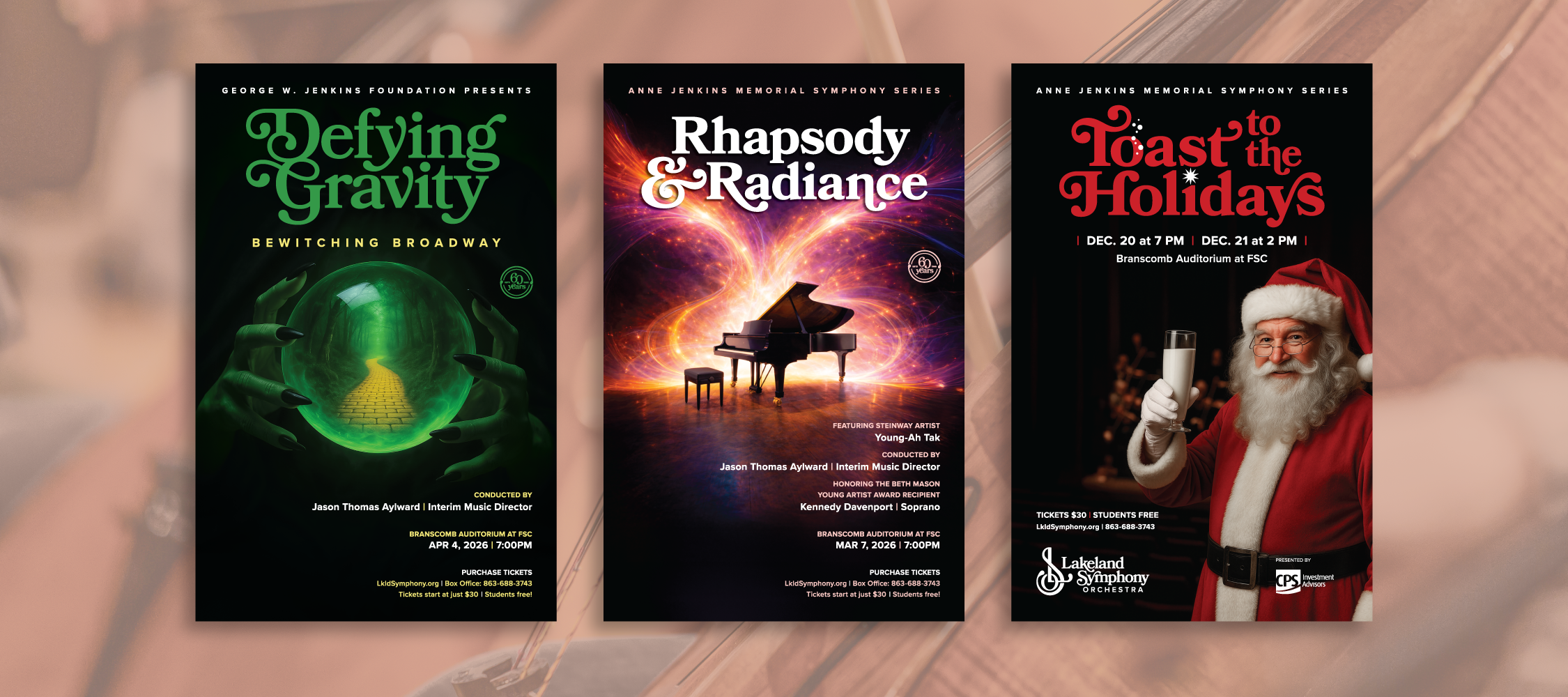 event posters for several of the 2026 lakeland symphony orchestra season
