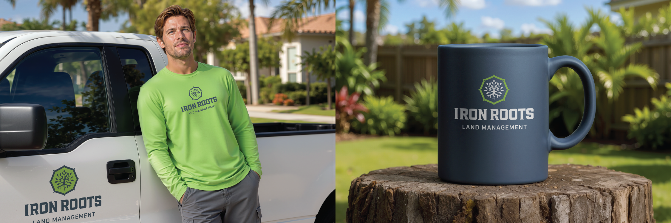 Iron Roots Land Management branded merchandise mockup, two side-by-side photos: on the left, a man in a lime-green long-sleeve shirt with the hexagon tree-root logo leans against a white truck also bearing the logo on its door, parked on a suburban street; on the right, a navy mug with the same logo sits on a tree stump in a landscaped garden setting.