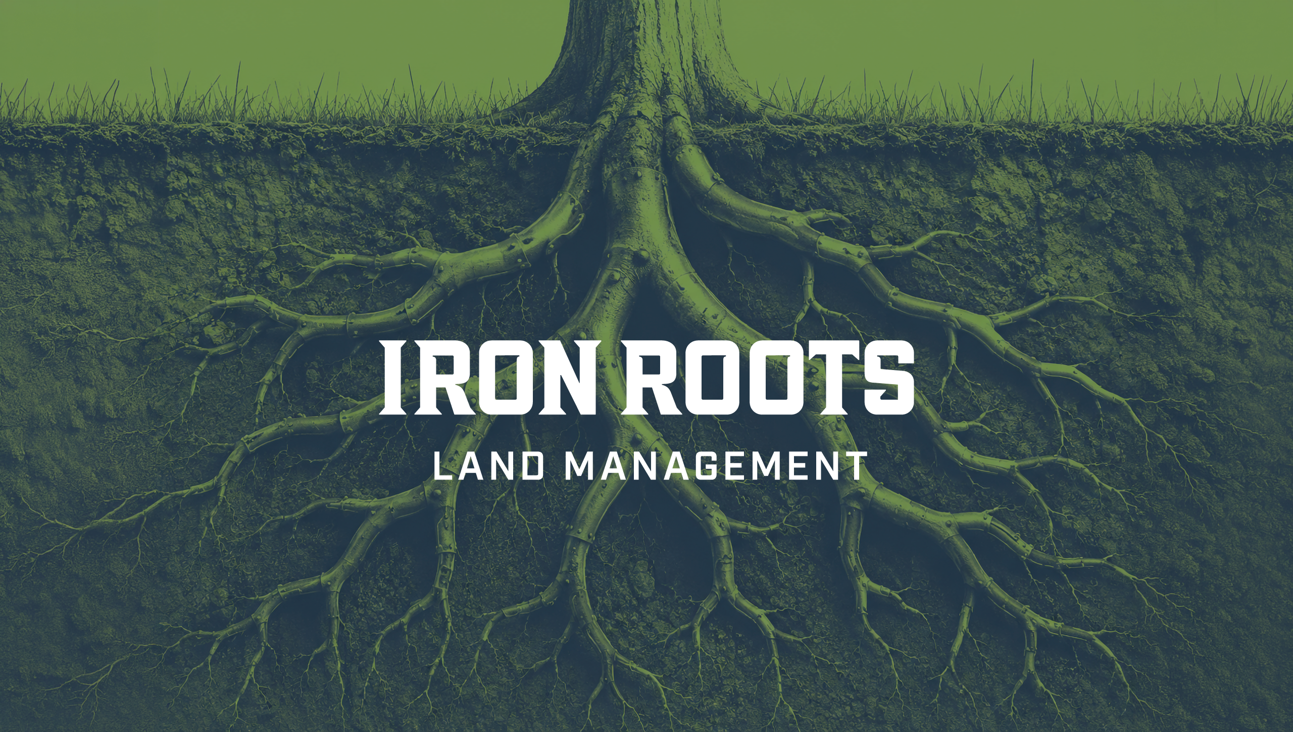 Iron Roots Land Management logo: white lettering over a duotone green photo of a large tree trunk cut away to reveal its extensive root system spreading through dark soil beneath a strip of grass.